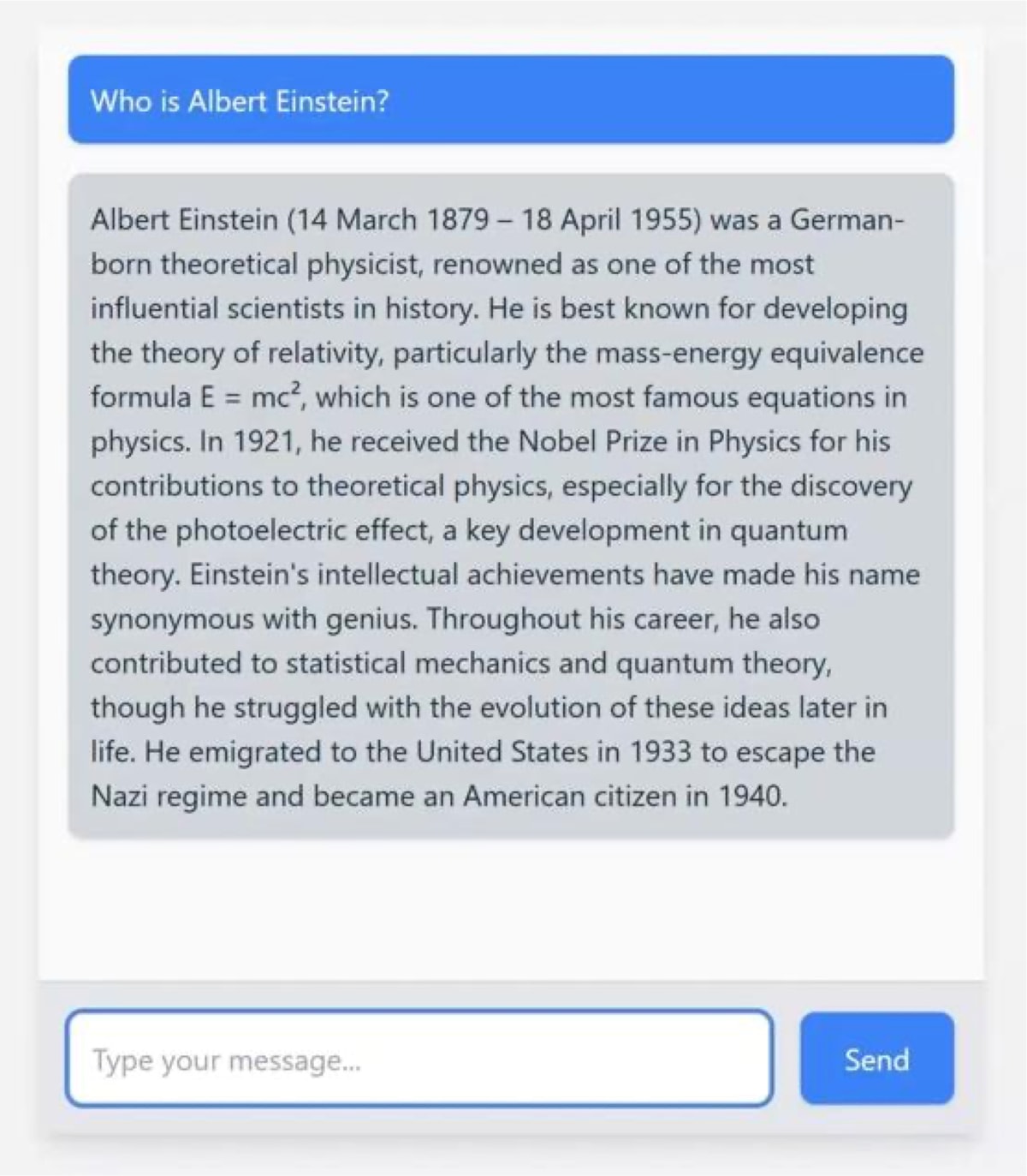Original RAG capstone chat interface answering a question about Albert Einstein